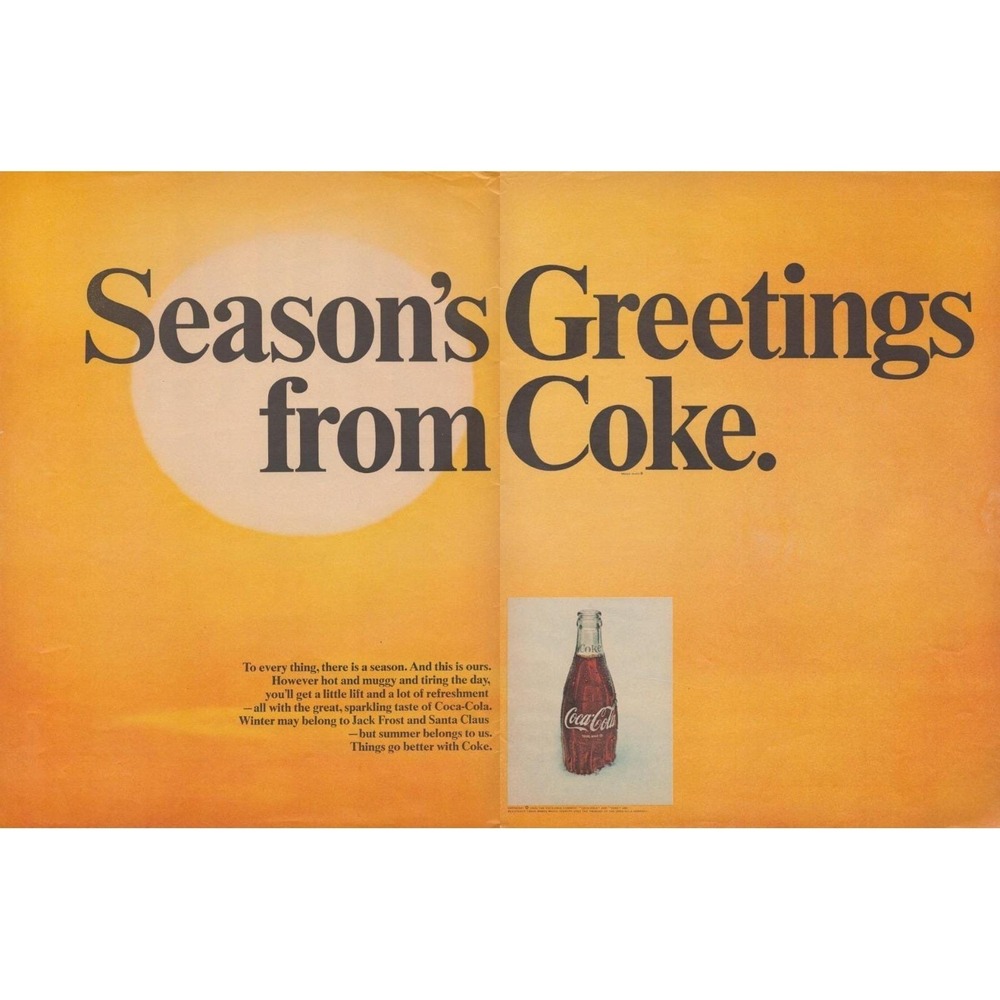 Vintage 1969 Coca Cola Seasons Greetings Summer Mid Century Coke Print Ad